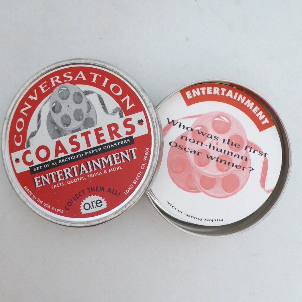 22 BAR DRINK COASTER SET CONVERSATIONAL ENTERTAINMENT TRIVIA TIN RECYCLED PAPER
